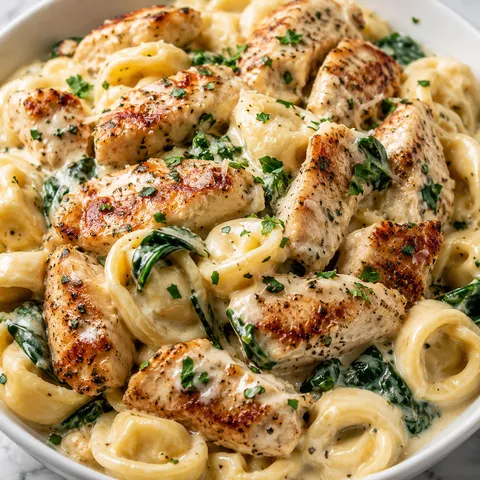 Asiago tortellini Alfredo chicken with spinach and parsley in a shallow bowl