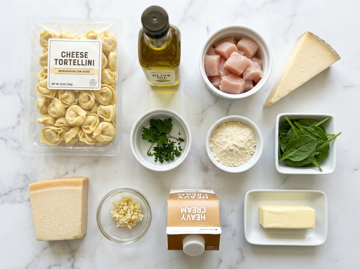 Raw ingredients for Asiago tortellini Alfredo chicken on a light wooden board