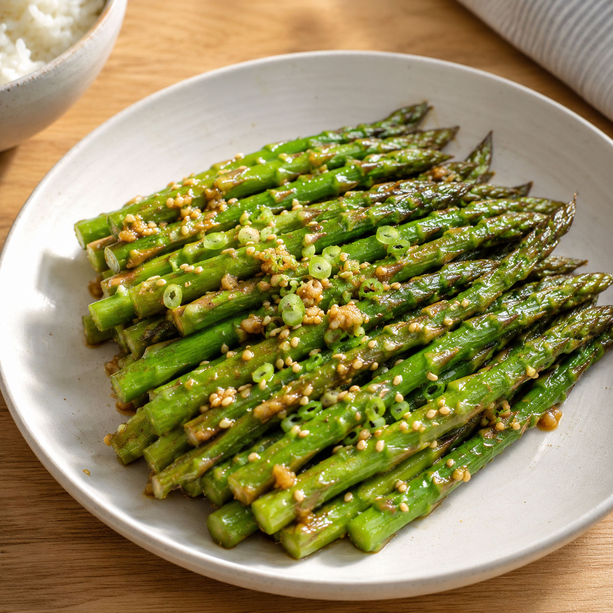 Ginger soy asparagus with sesame seeds and scallions on a white plate