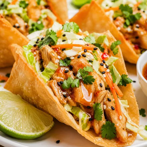 Asian chicken wonton tacos with slaw, cilantro, sesame seeds, and chili sauce