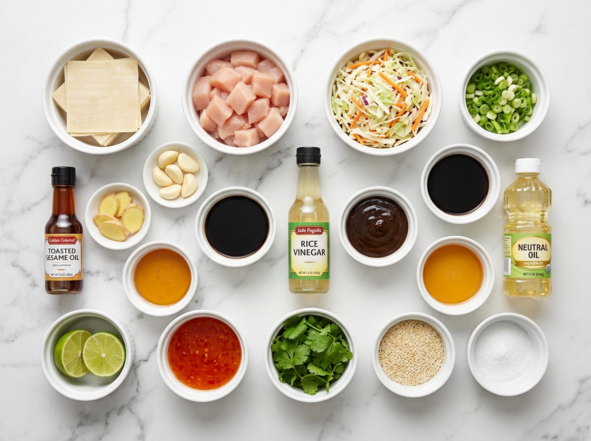 Ingredients for Asian chicken wonton tacos with wrappers, chicken, slaw, and sauces