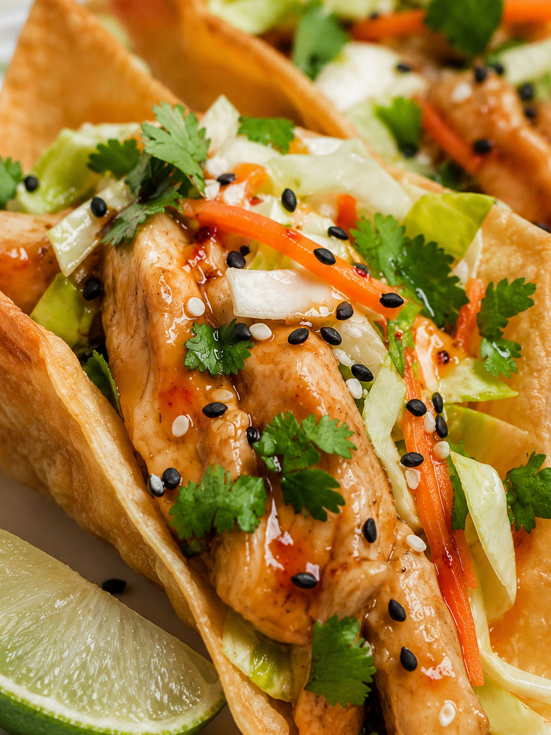 Asian Chicken Wonton Tacos, plated and served