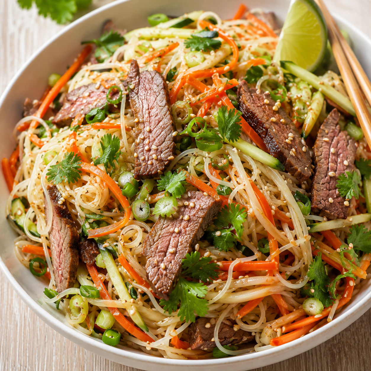 Asian beef noodle salad with rice noodles, herbs, carrots, and sesame