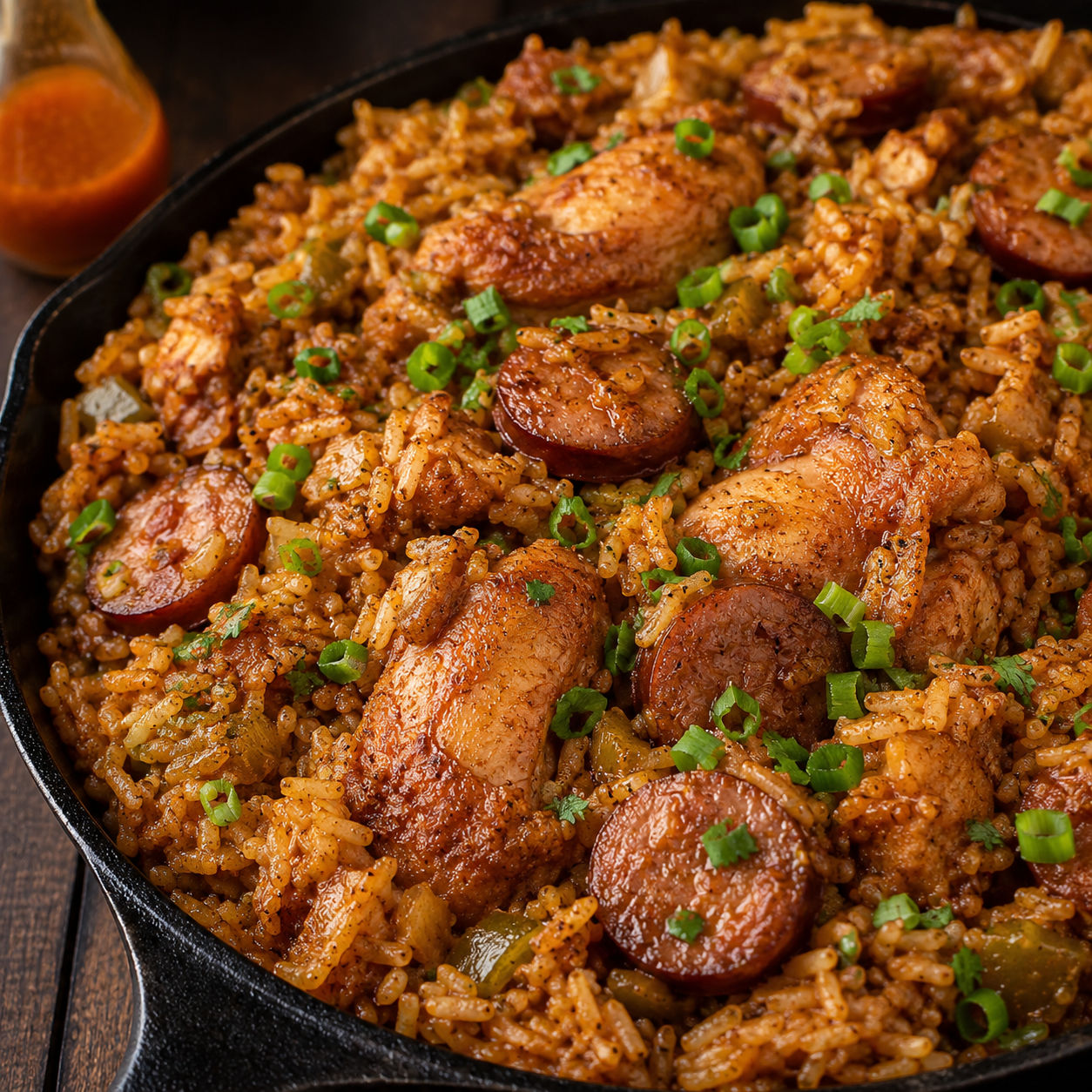 Cajun chicken and sausage jambalaya with green onions in a cast-iron pot