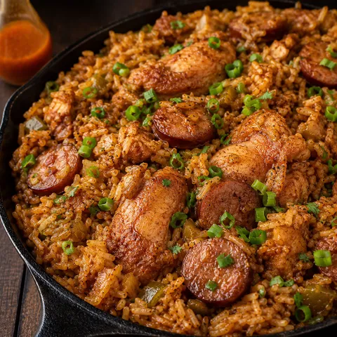 Cajun chicken and sausage jambalaya with green onions in a cast-iron pot