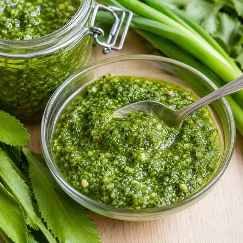 Caribbean green seasoning in a jar with fresh herbs and scallions
