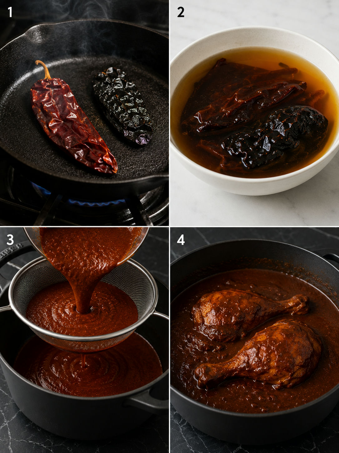Four cooking steps for chicken mole: toasting chiles, soaking, straining sauce, simmering chicken