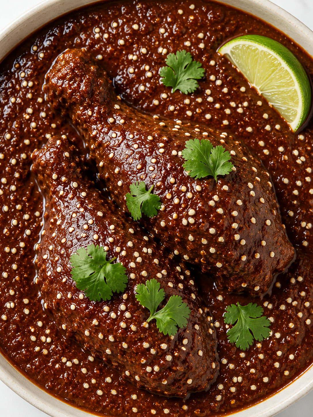 Overhead view of two chicken legs in dark mole sauce with sesame seeds and cilantro