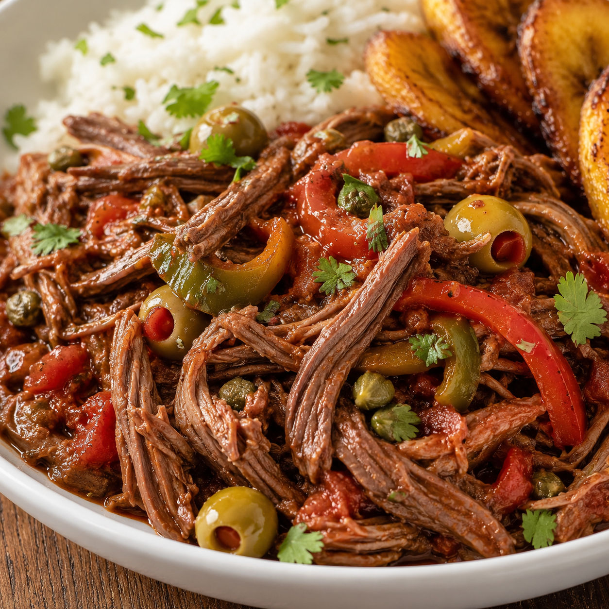 Cuban ropa vieja with peppers, olives, rice, and sweet plantains
