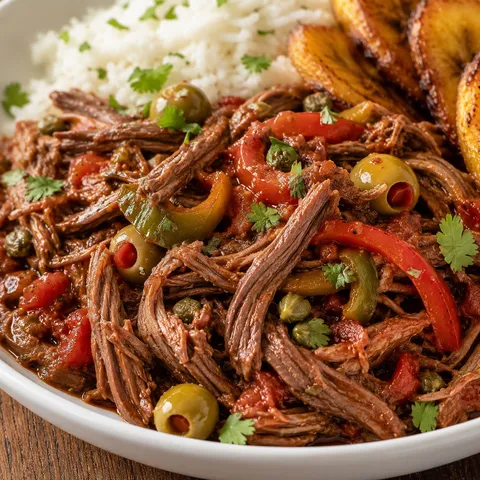 Cuban ropa vieja with peppers, olives, rice, and sweet plantains