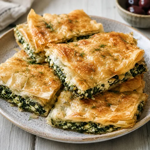 Greek spanakopita squares with crispy phyllo and spinach feta filling