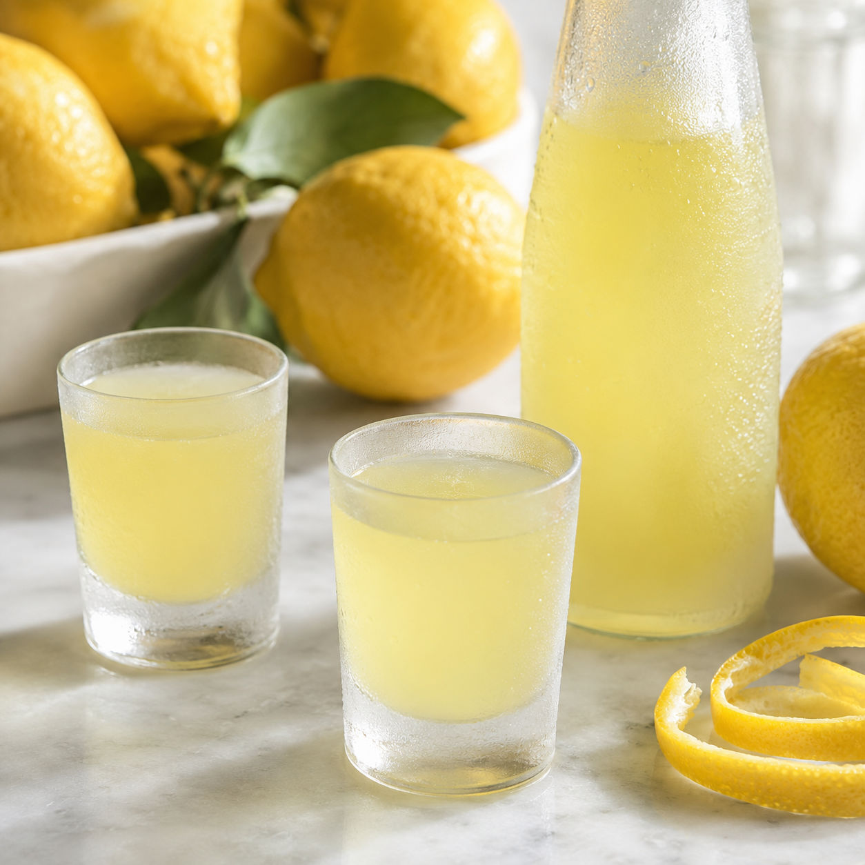 Chilled Italian limoncello in frosted glasses with fresh lemons