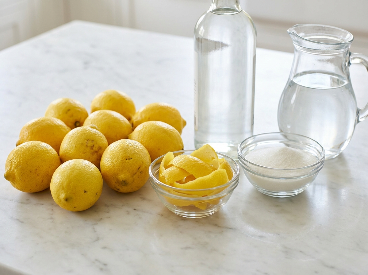 Lemons, lemon peel, sugar, water, and alcohol for Italian limoncello