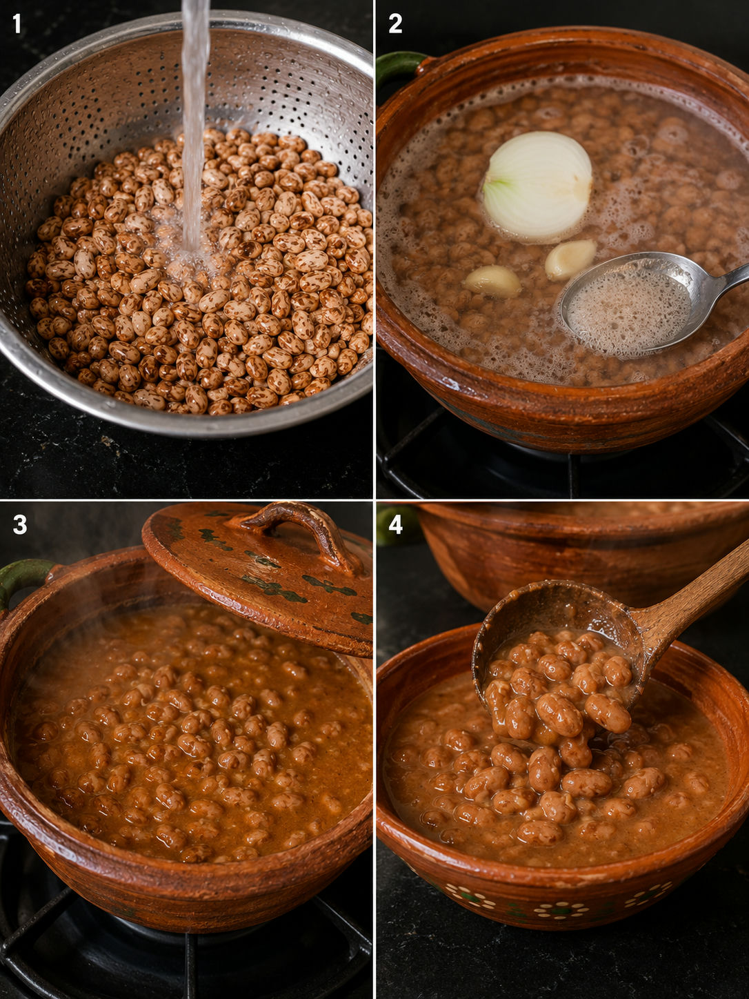 Four cooking steps for frijoles de la olla from soaking beans to the finished simmering pot
