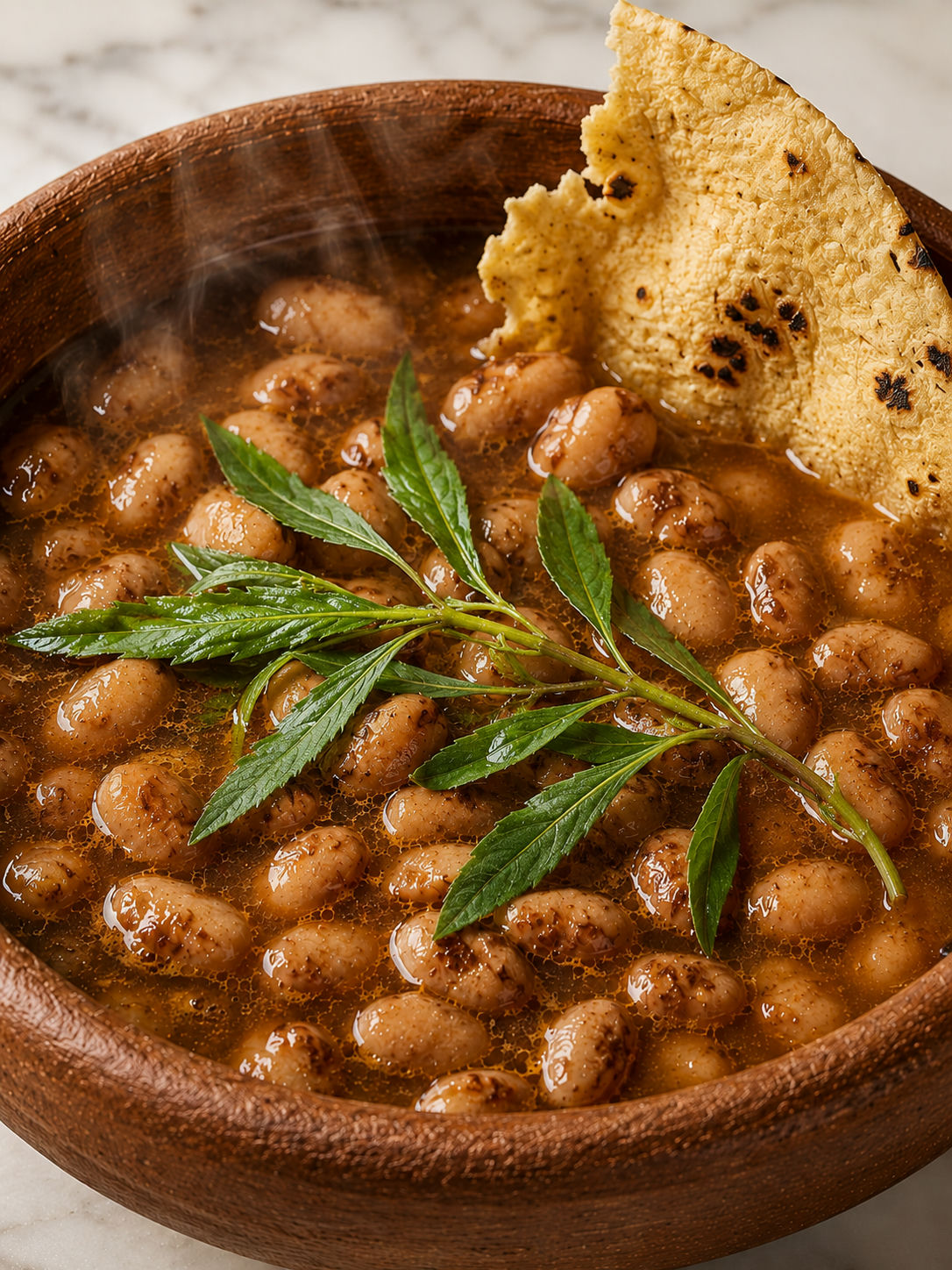 Top-down bowl of creamy frijoles de la olla with queso fresco, cilantro, and lime