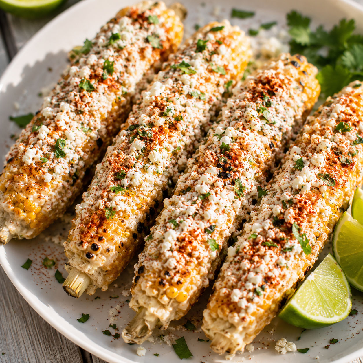 Mexican street corn with Cotija, chile, cilantro, and lime wedges