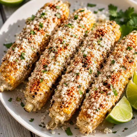 Mexican street corn with Cotija, chile, cilantro, and lime wedges