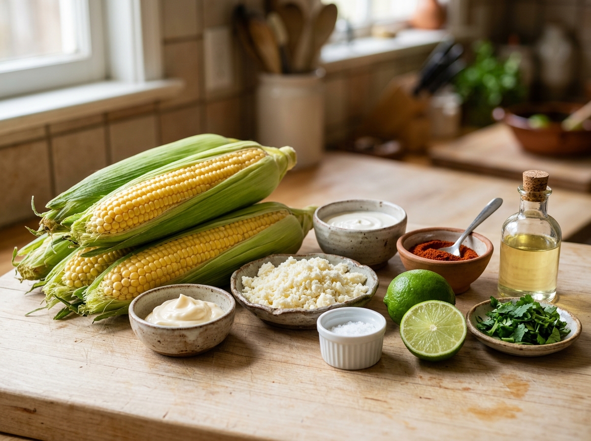 Fresh corn, Cotija, lime, chile, crema, and cilantro for elote
