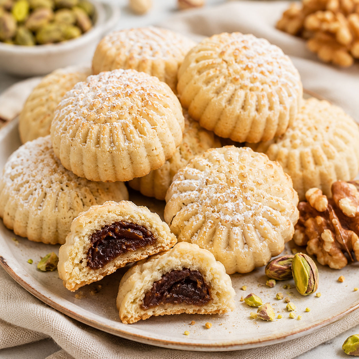 Patterned maamoul cookies with date filling and powdered sugar