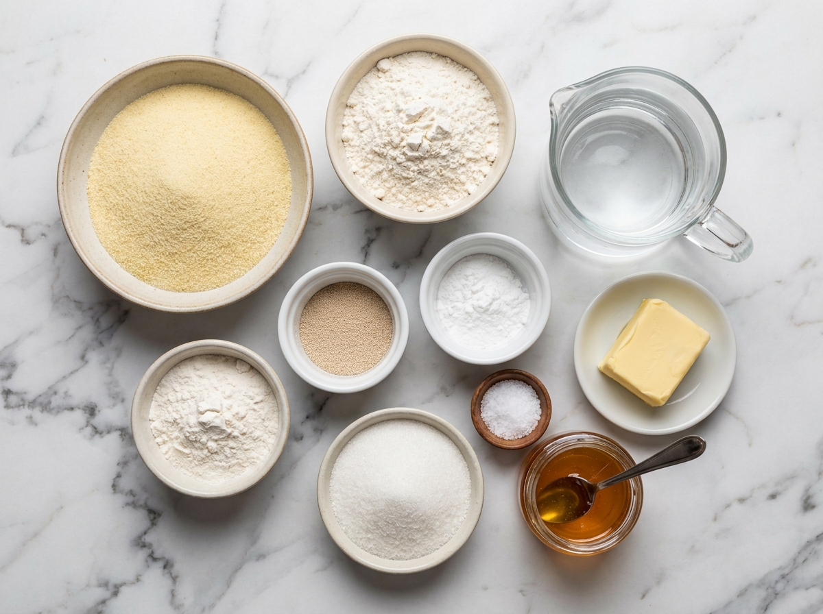 Raw semolina, flour, yeast, butter, and honey for Moroccan baghrir