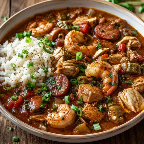 New Orleans Creole gumbo with shrimp, andouille, okra, and rice