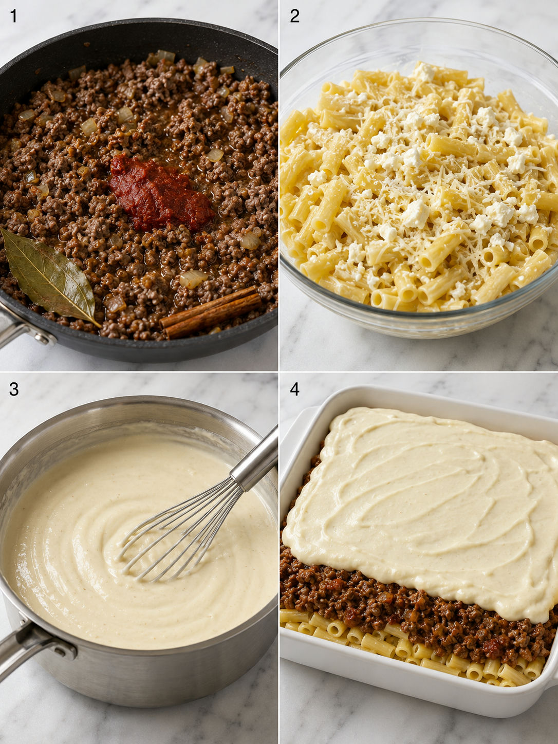 Four cooking steps for pastitsio from beef sauce to bechamel and assembly