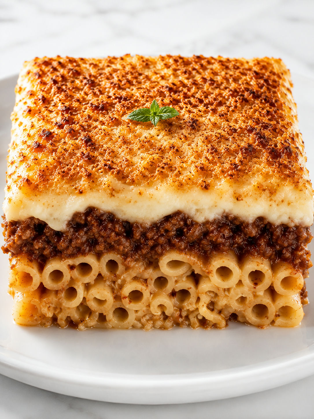 Tall slice of pastitsio with pasta tubes, beef sauce, and golden bechamel