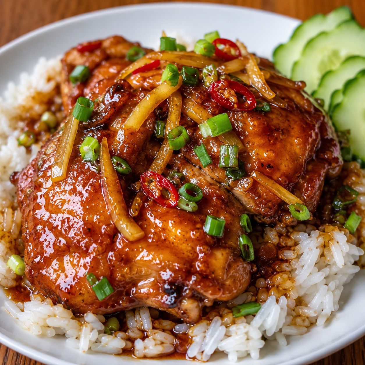 Vietnamese caramel ginger chicken with scallions and jasmine rice