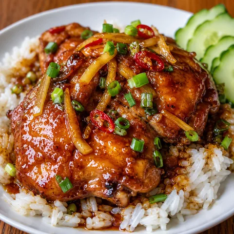 Vietnamese caramel ginger chicken with scallions and jasmine rice