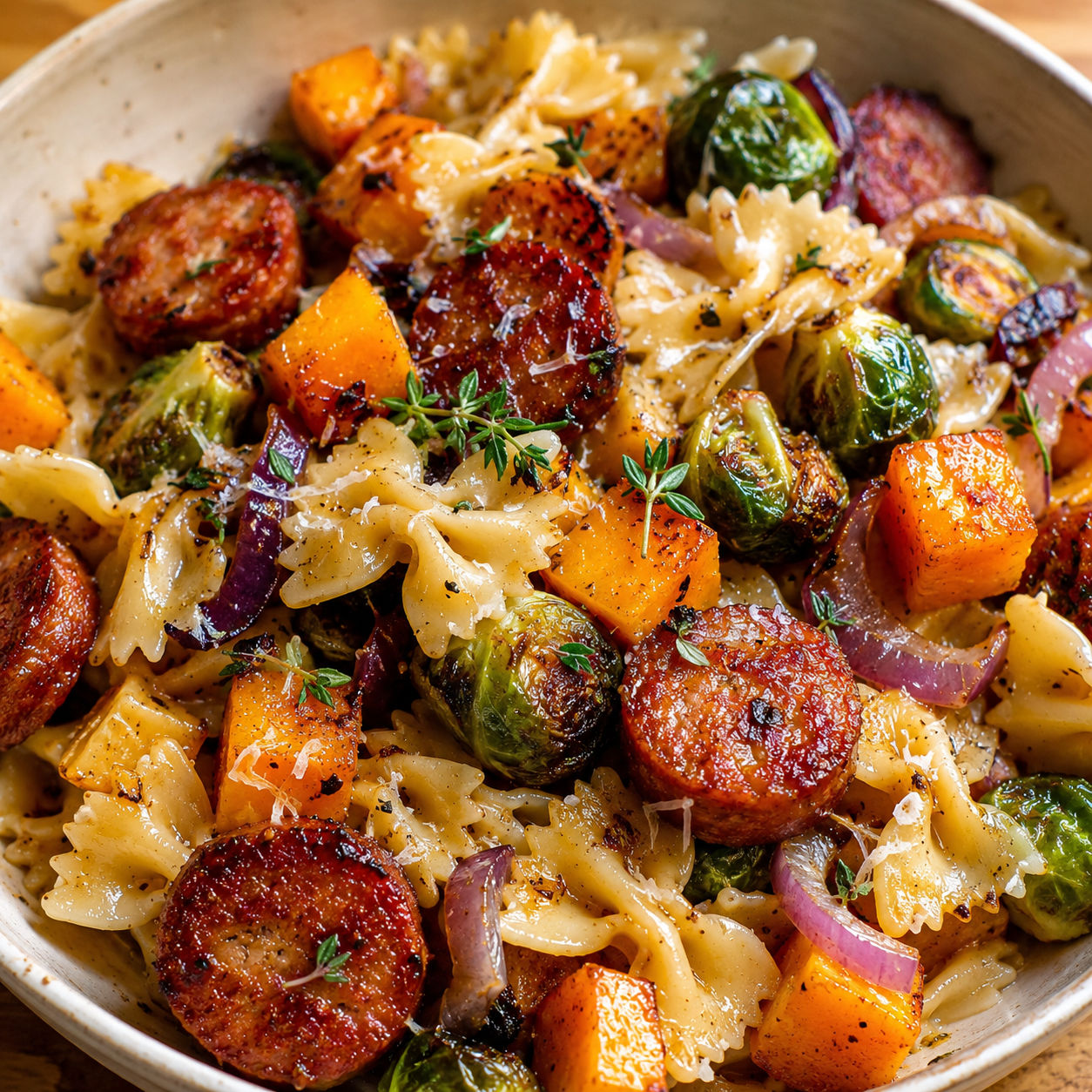 Sausage pasta with roasted squash, Brussels sprouts, and parmesan