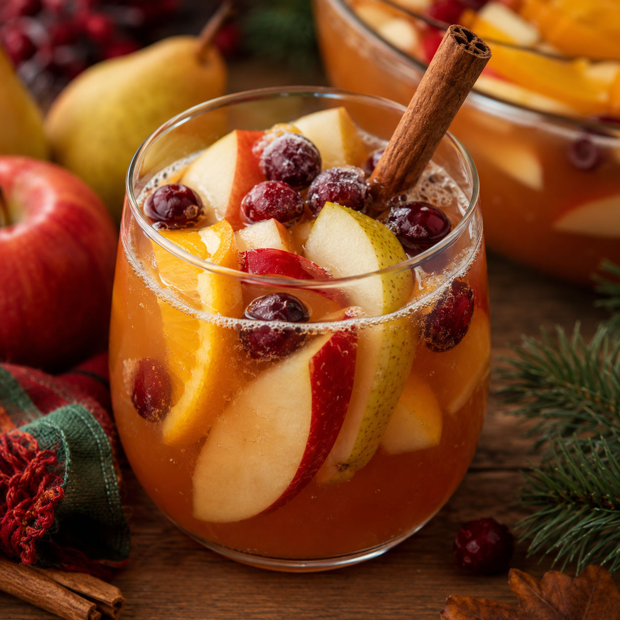 Autumn Harvest Rum Punch with cider, cranberries, fruit slices, and cinnamon