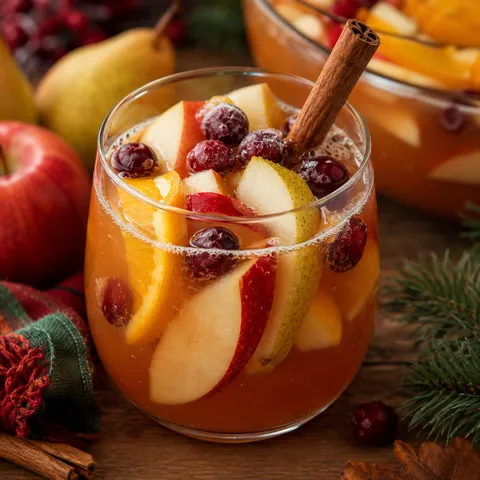 Autumn Harvest Rum Punch with cider, cranberries, fruit slices, and cinnamon