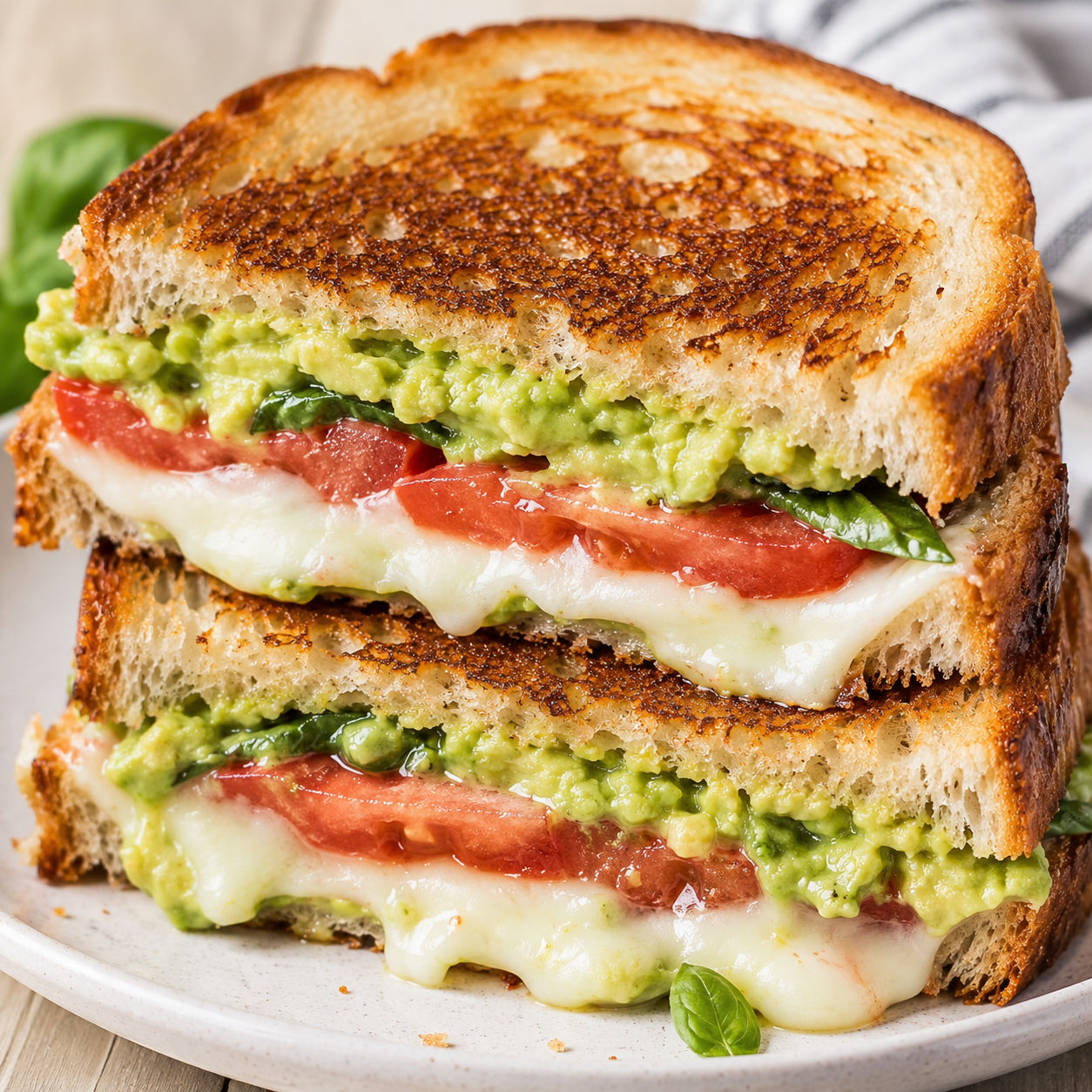 Avocado mozzarella tomato grilled cheese on golden sourdough