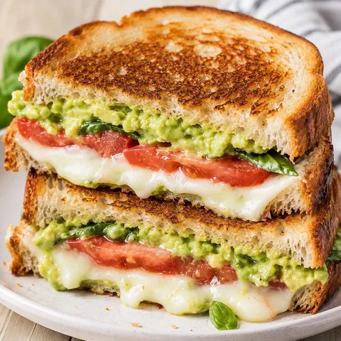 Avocado mozzarella tomato grilled cheese on golden sourdough