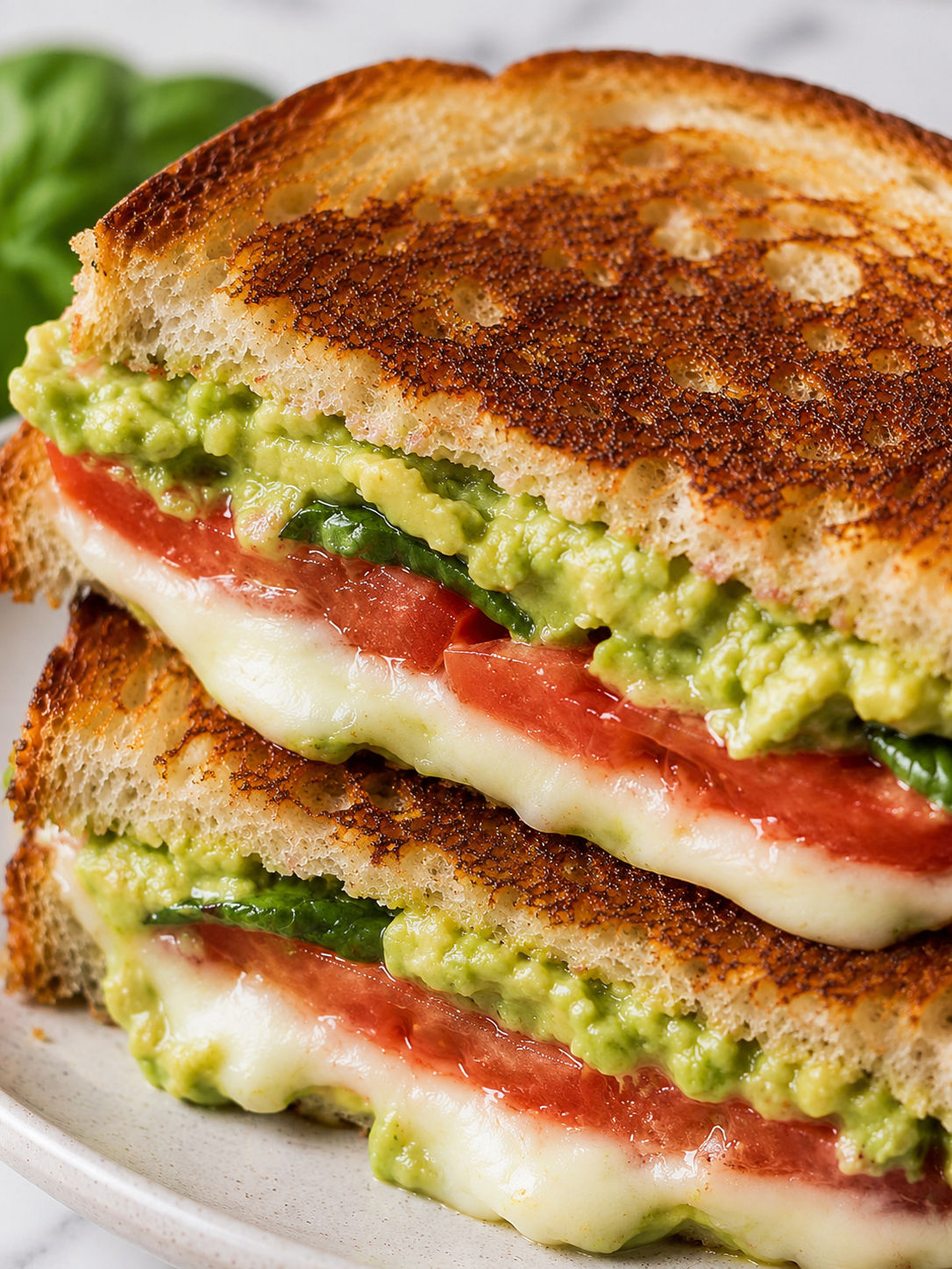 Avocado, Mozzarella, And Tomato Grilled Cheese, plated and served