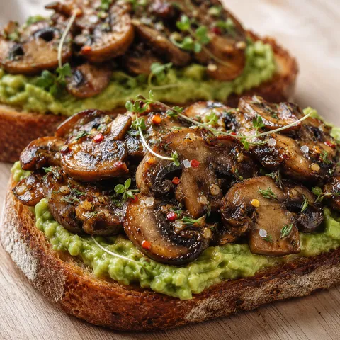 Avocado and garlicky mushroom toast on sourdough with herbs and flaky salt
