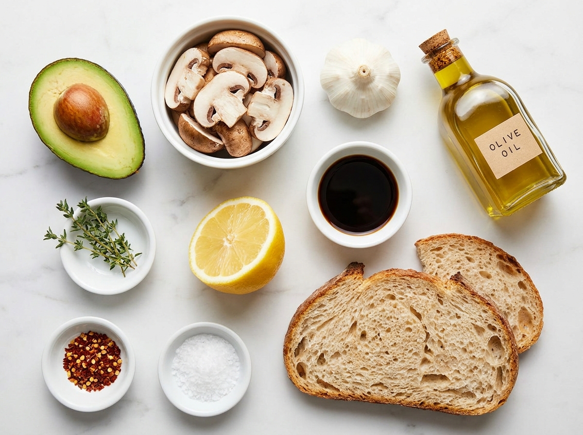 Raw ingredients for avocado mushroom sourdough toast on a wooden board