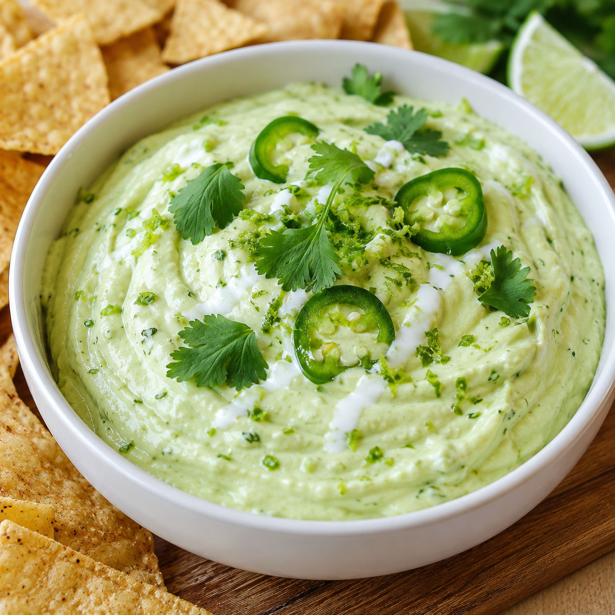 Avocado jalapeño dip with cilantro, jalapeño slices, lime, and tortilla chips