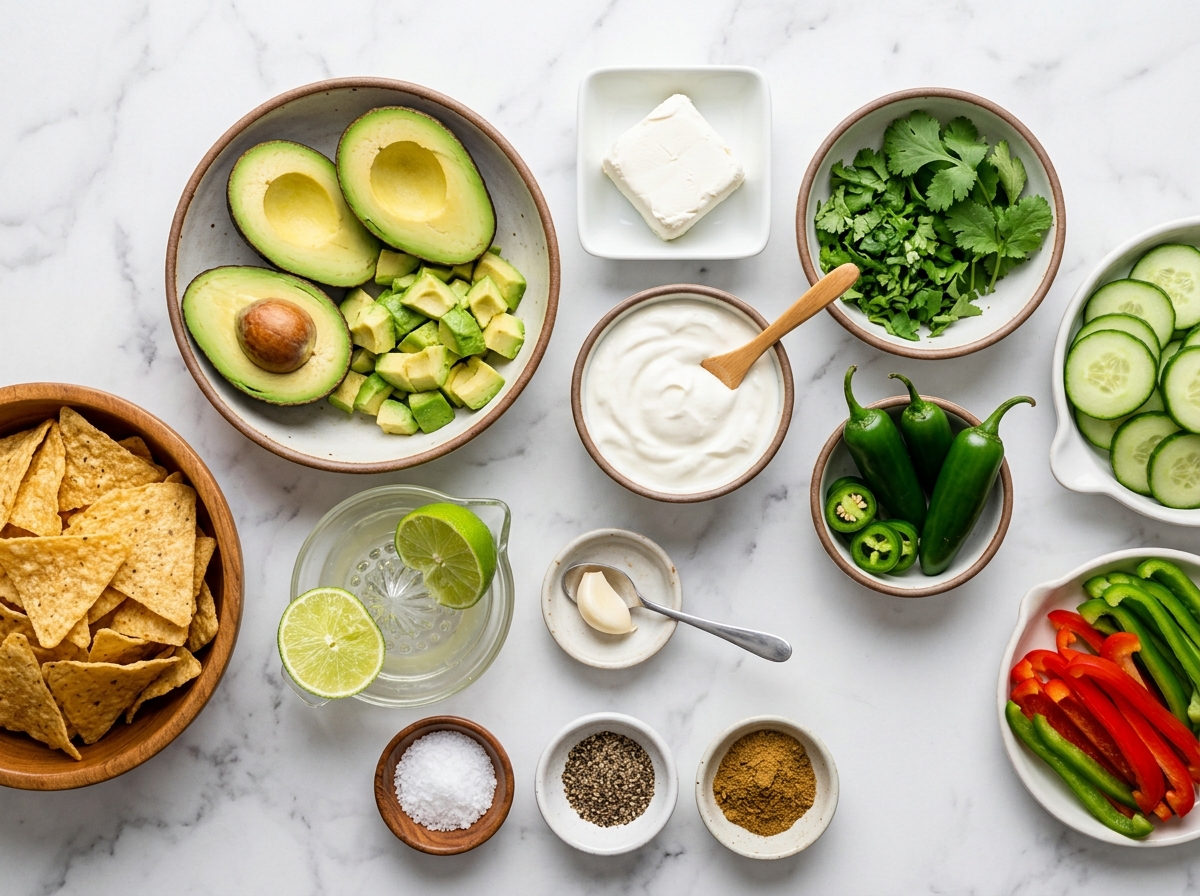 Avocados, cream cheese, jalapeños, lime, cilantro, and chips for dip