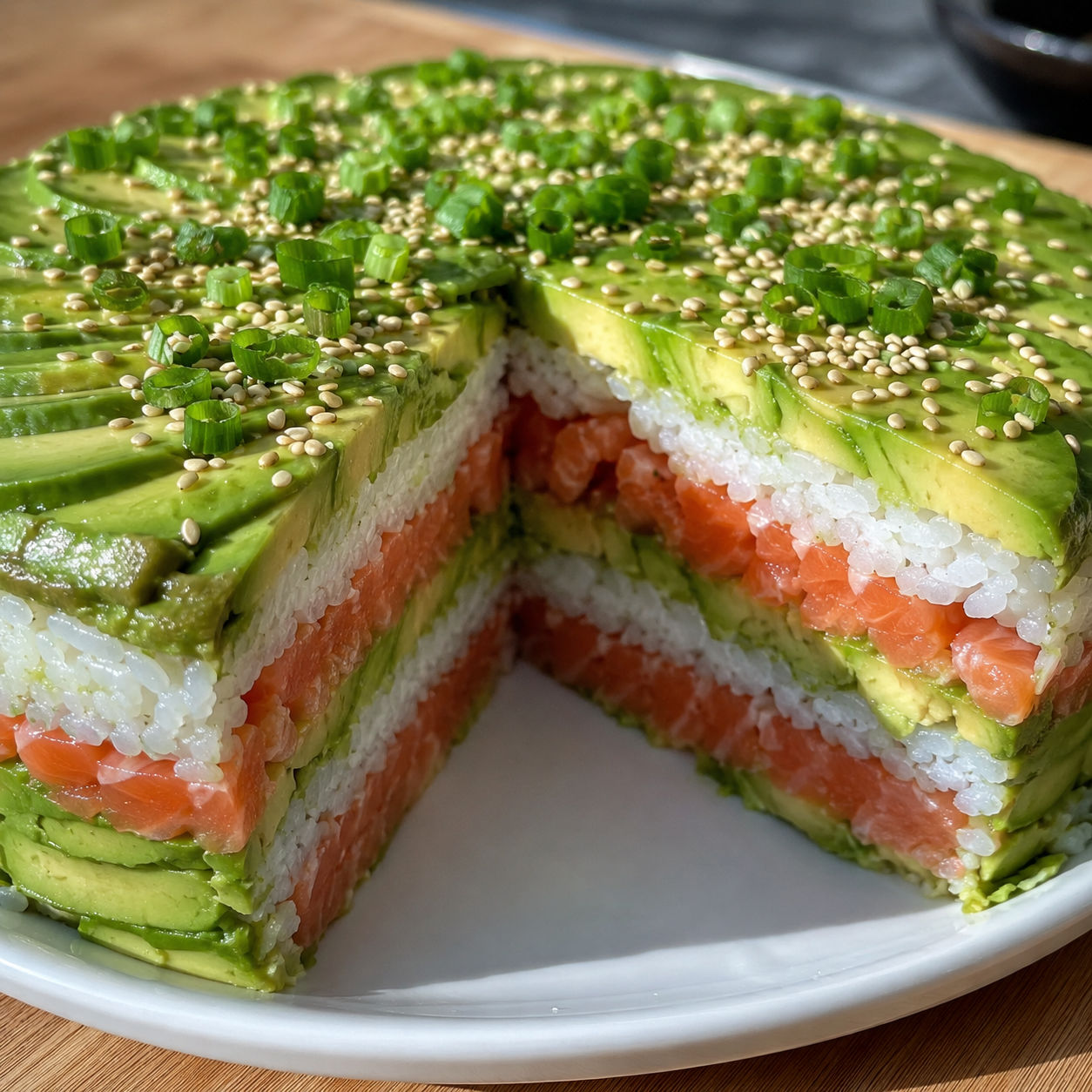 Avocado layered sushi cake with salmon, rice, and sesame seeds on a platter