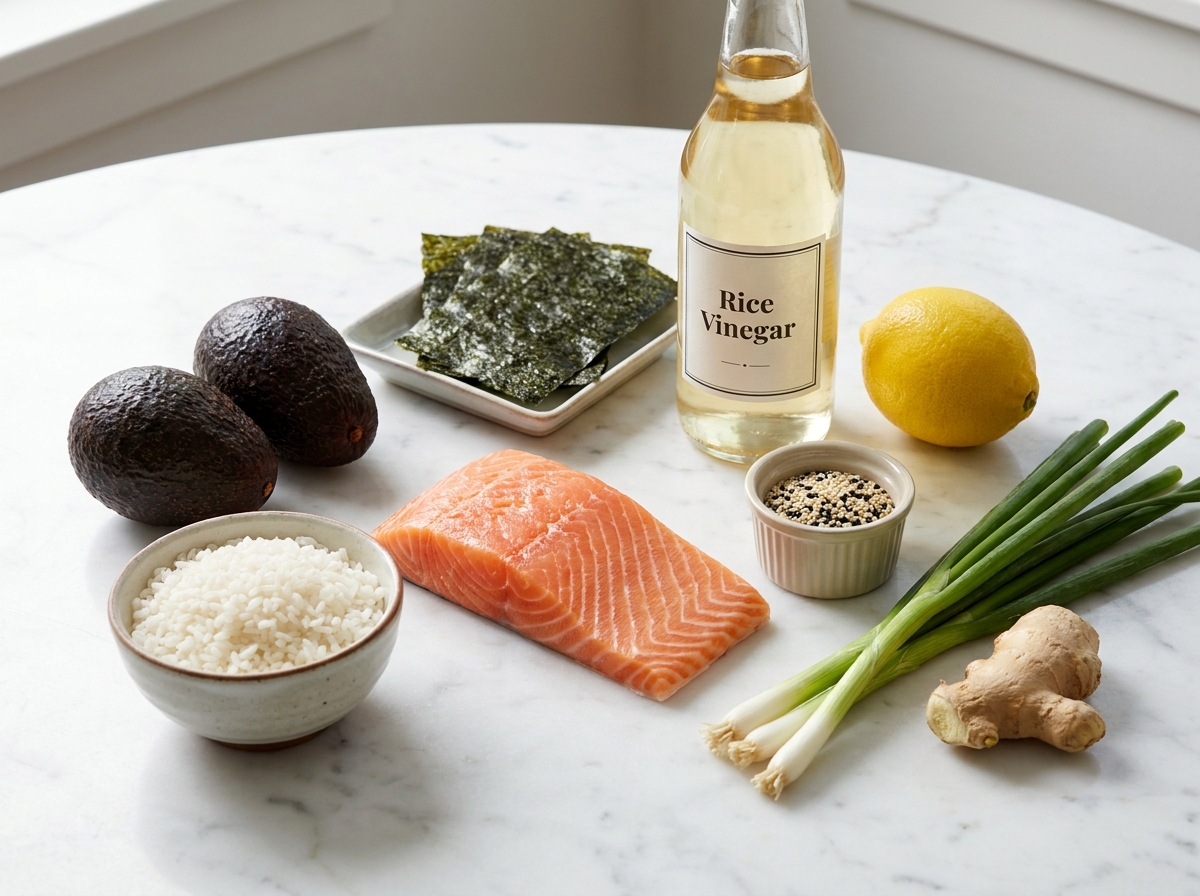 Raw ingredients for layered sushi cake including salmon, avocado, and rice