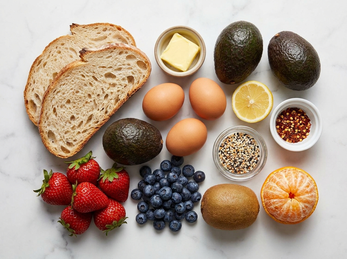 Raw ingredients for avocado toast with scrambled eggs and fresh fruit on a marble surface