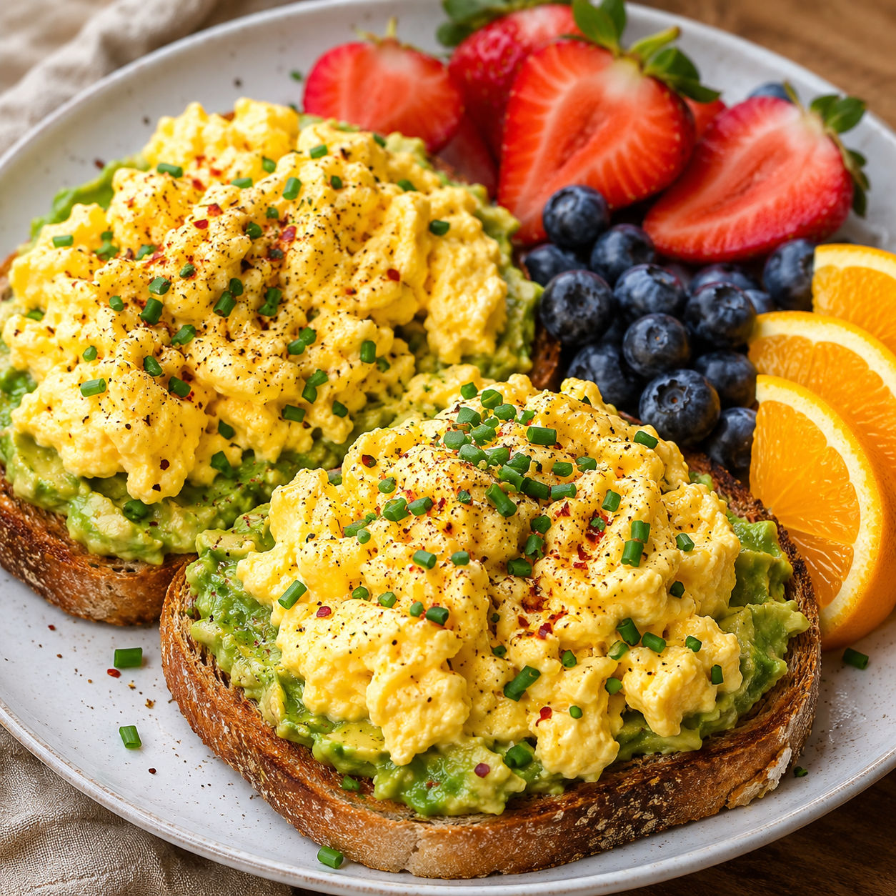 Avocado toast with soft scrambled eggs, chives, berries, and orange slices