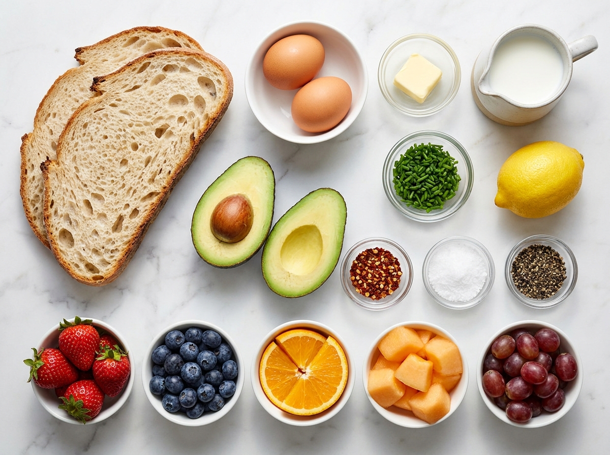 Ingredients for avocado egg toast with fresh fruit on a wooden surface
