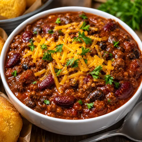 Southern soul chili with cheddar, parsley, and cornbread