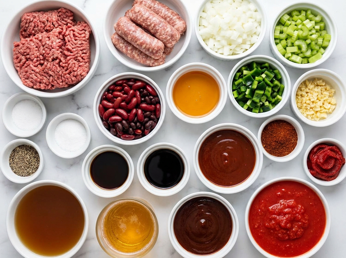 Ingredients for Southern soul chili with beef, sausage, beans, and sauces