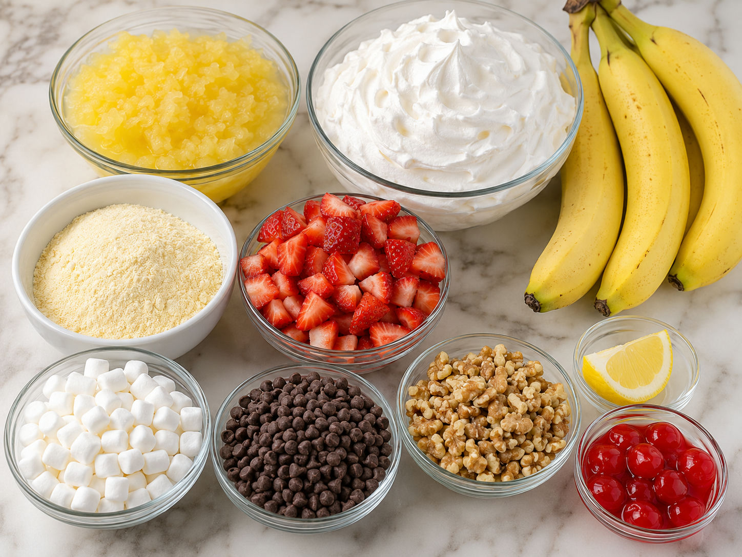 Ingredients for banana split fluff with bananas, pineapple, cherries, and chocolate chips