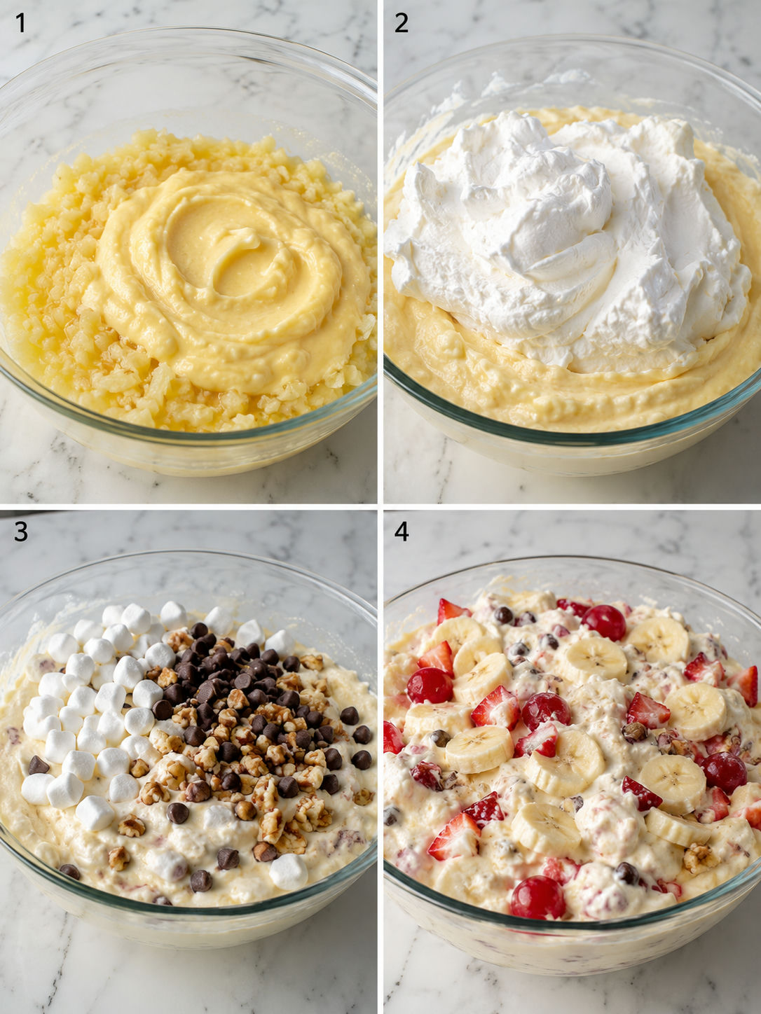 Four steps for mixing banana split fluff with fruit and whipped topping