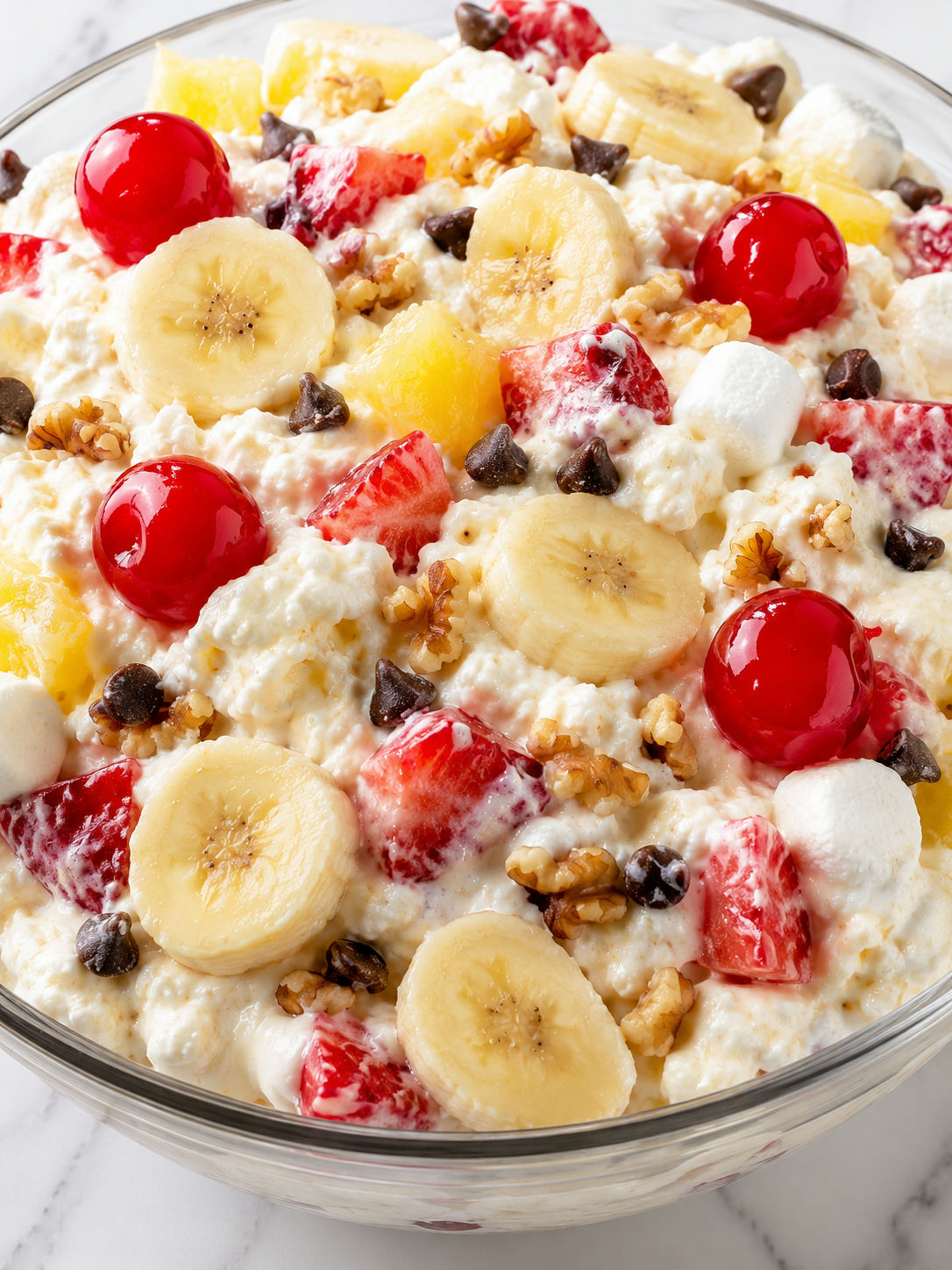 Banana split fluff dessert with cherries, bananas, chocolate chips, and walnuts