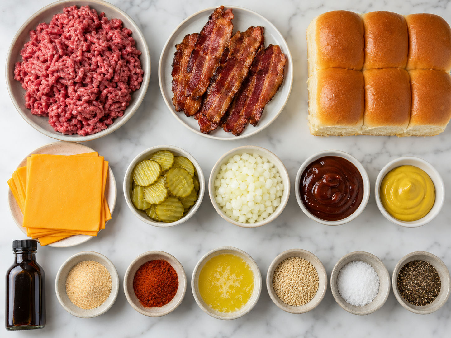 Ingredients for BBQ bacon cheeseburger sliders on a wood surface
